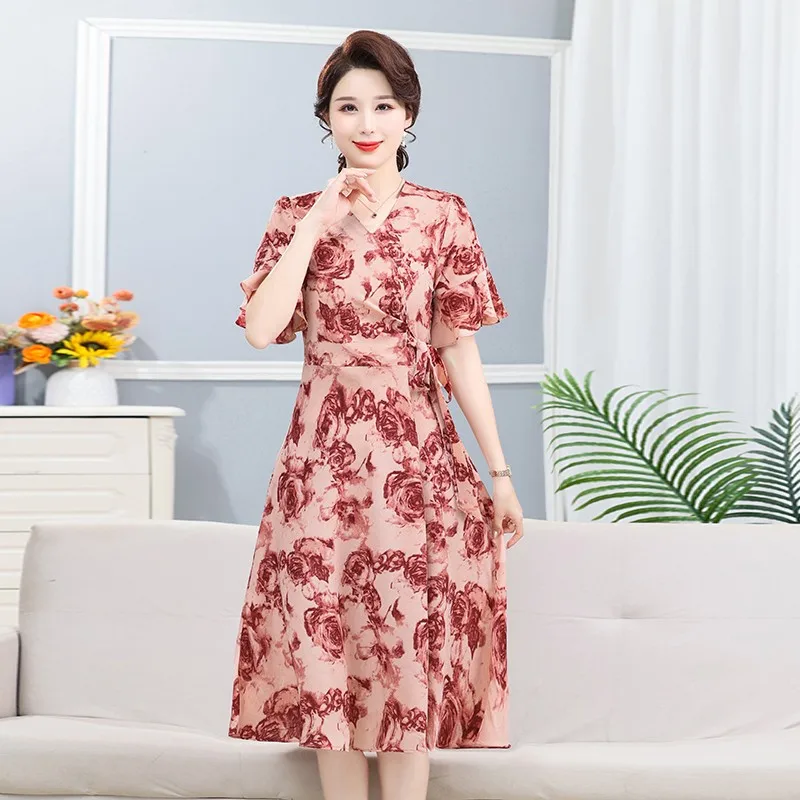 

New Summer Flora Chiffon Knee-Length Dress Women Fashion Loose Belt Bandage Party Dresses Female Midi Vestidos Mujer