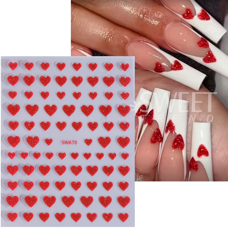 3pcs Glitter Love Heart 3D Nail Stickers Luxury Red Pink Love Nail Decals DIY Adhesive Slider Valentine Romantic Manicure Decor