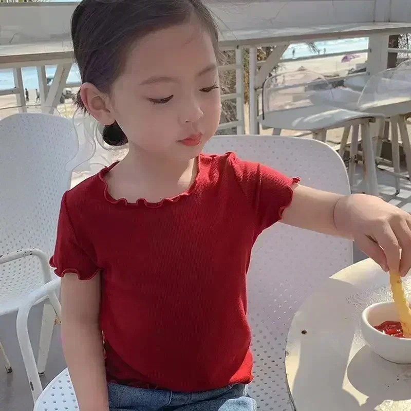 Girls' Casual Ice Silk Short-Sleeve Top - Summer Ear Edge Tee