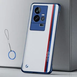Frameless Translucent Matte Phone Case with Thin Hard Protection and Ring Lanyard Attachment for iQOO 11 (With Ring Blue)