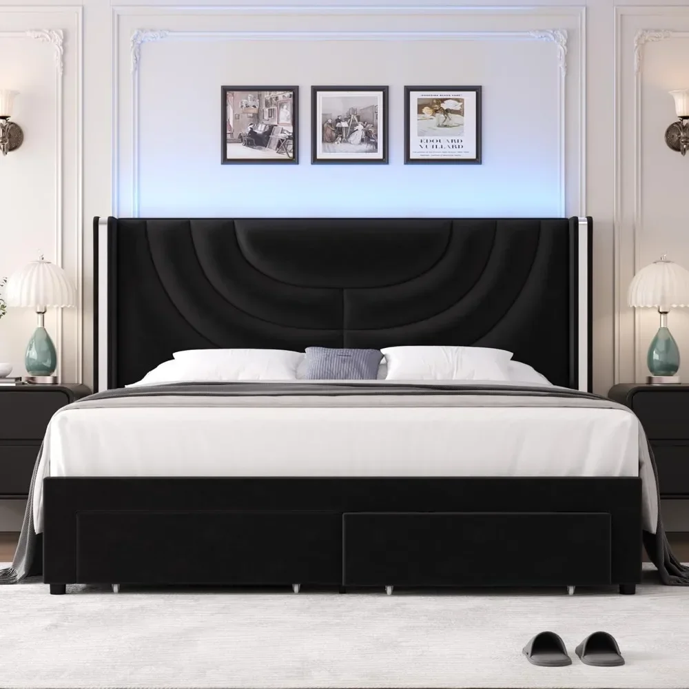 King Upholstered LED Bed Frame with 2 Storage Drawers, Velvet Platform Bed with Wingback Headboard, Solid Wooden Slats Support 6