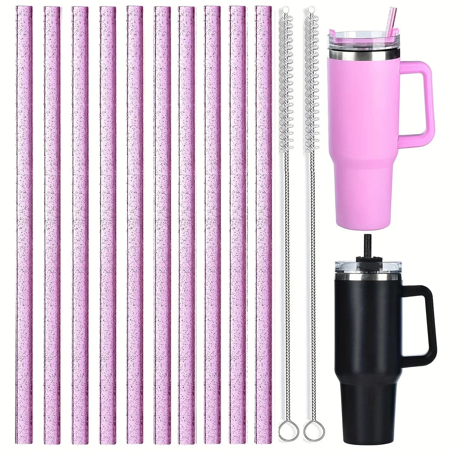 10 Pack Glitter Reusable Plastic Straws with Cleaning Brushes, 12-inch