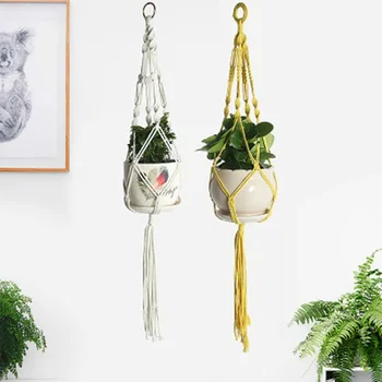 노란색 Macrame 공장 옷걸이 실내 야외 매달려 화분 대마 코드 바구니 홀더