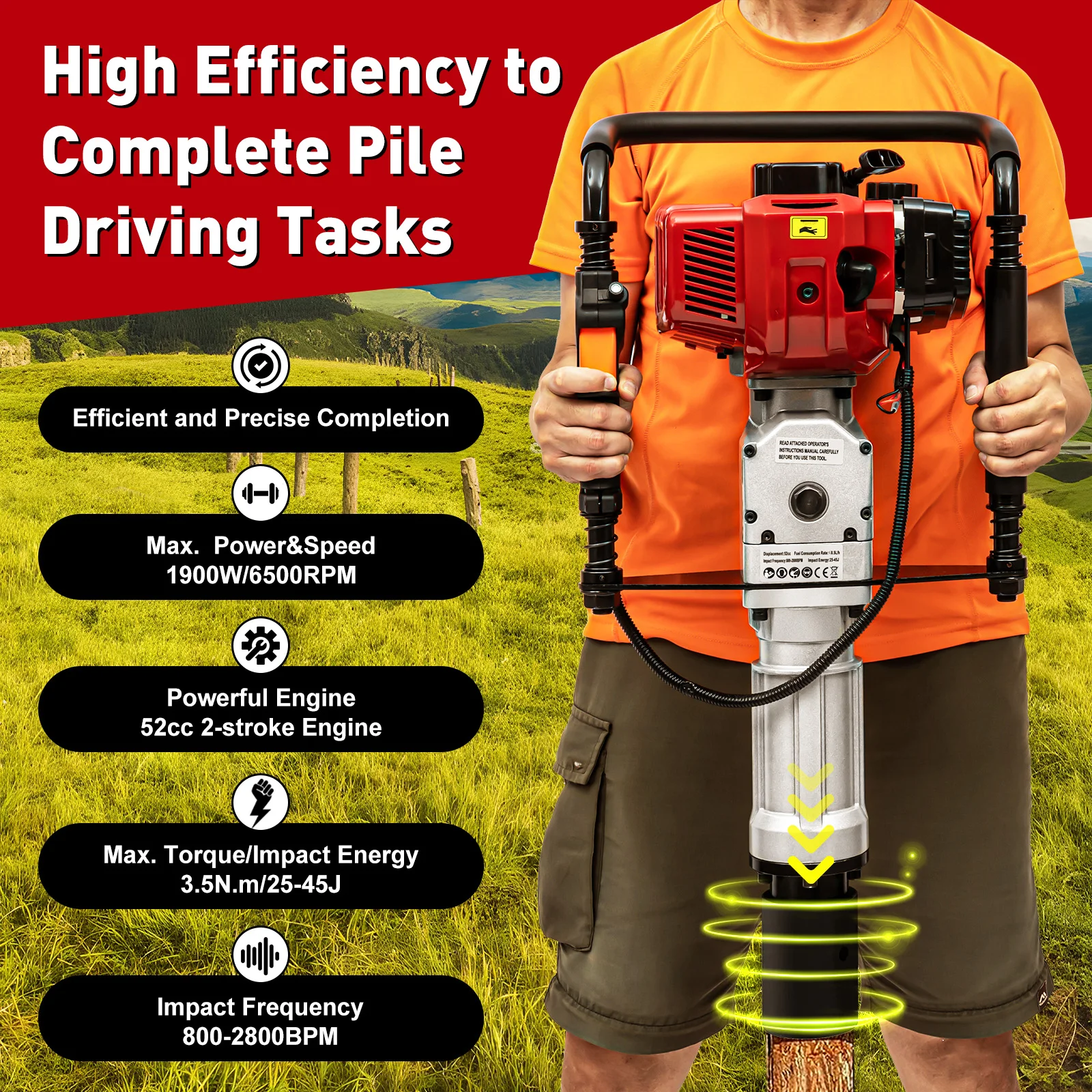 1900W Gasoline Pile Driver 52cc 2 Stroke Engine Post Driver Air Cooling Single-cylinder Petrol Garden Fencing Push Pile Tool 2