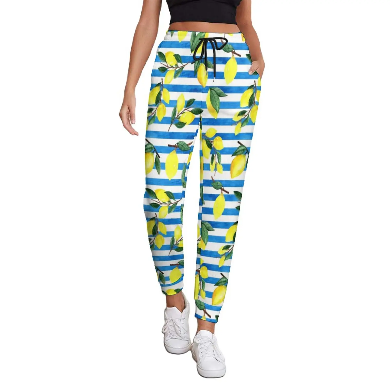 

Watercolor Fruit Baggy Pants Autumn Lemons On Striped Print Kawaii Sweatpants Ladies Hippie Design Trousers Big Size