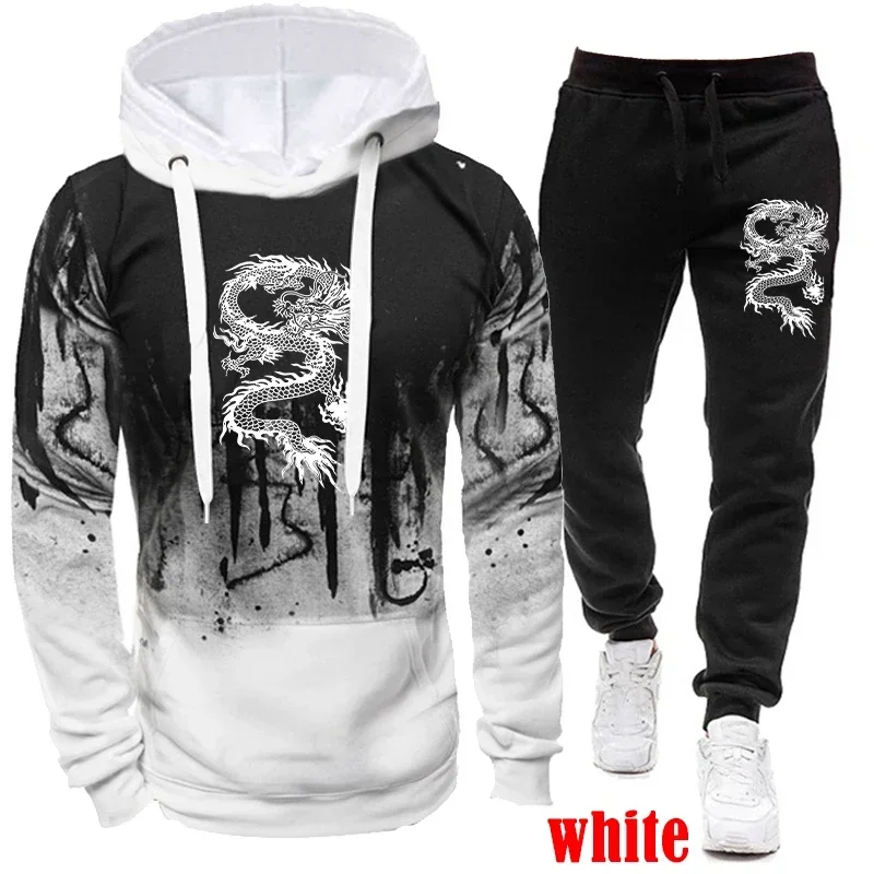 

Spring and autumn men's new ink-jet printed fitness wear fashion pullover hoodie + jogging fitness pants casual 2-piece set