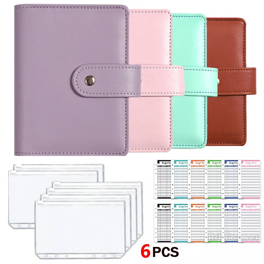 A7 Leather Budget Binder Wallet - Cash Envelope System, Zipper, 6 Rings, Refillable Money Organizer (Black)