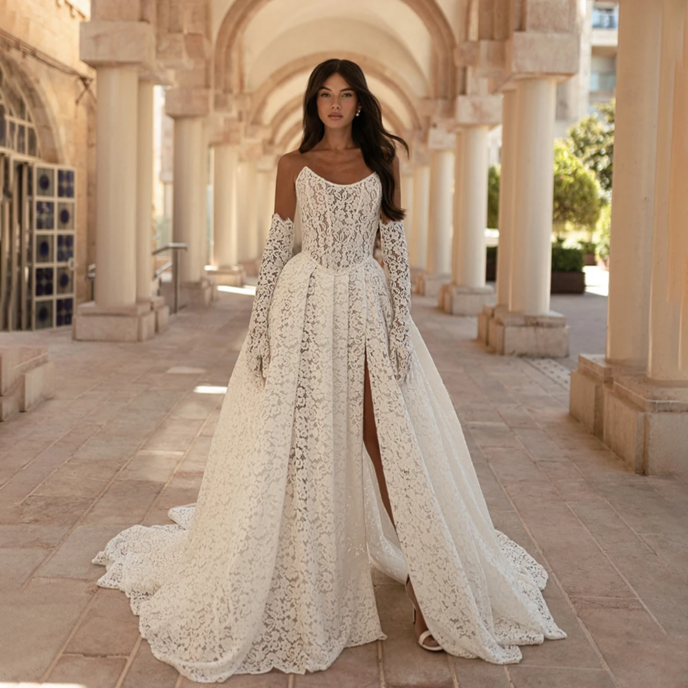 Vestido de chiffon con tirantes finos y abertura frontal con encaje marfil Atardecer Tallas Grandes