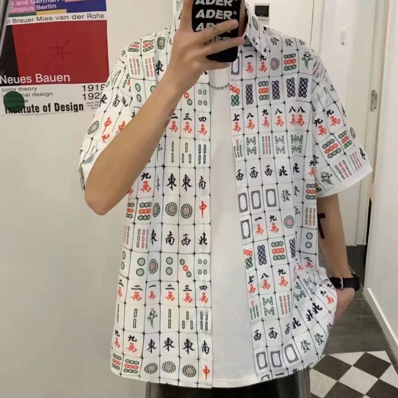 2024 New Hawaii Short Sleeved Shirt And Shorts Two Piece Set Fashion Men And Women's Chinese Mahjong Printed Beach Casual Shirt