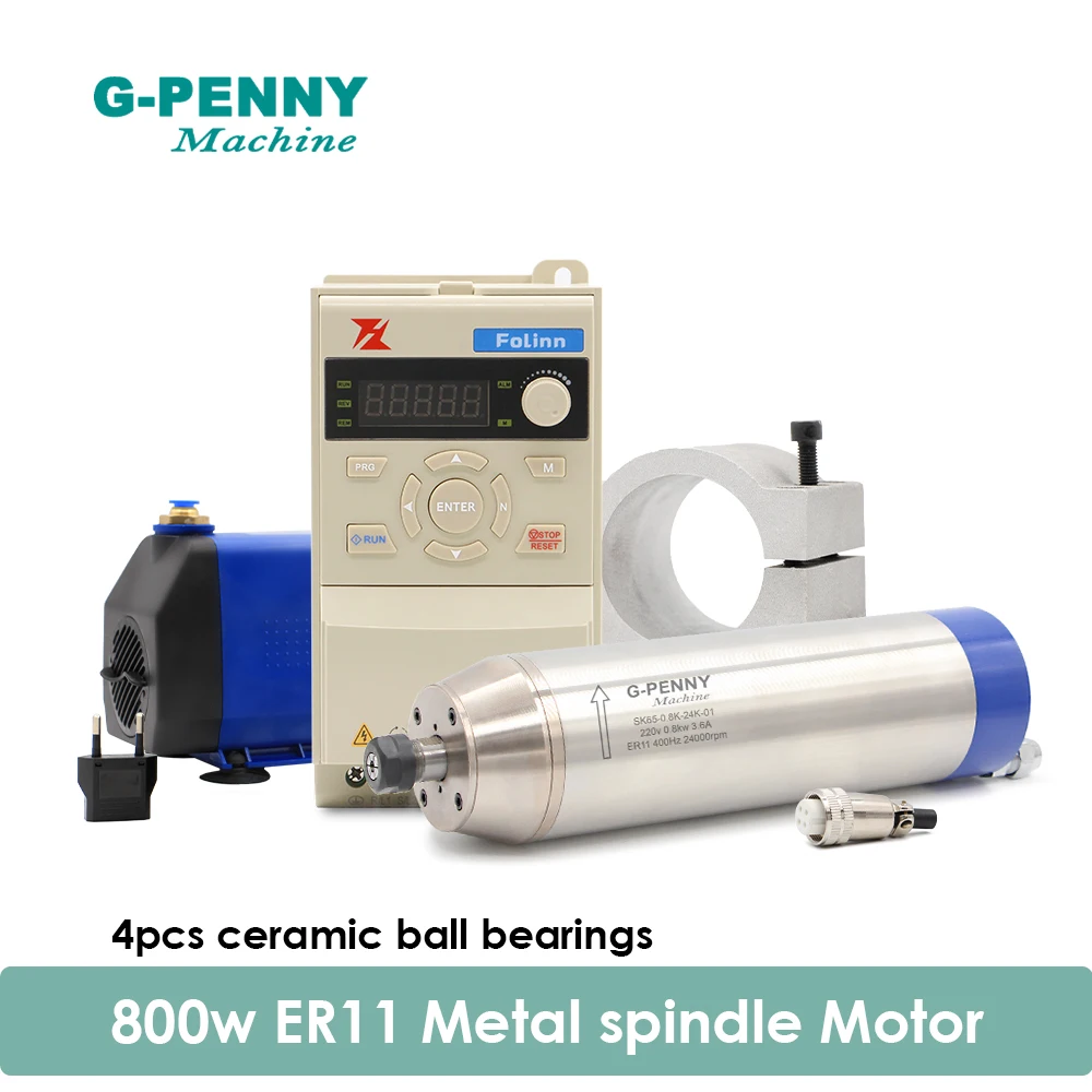 

High Quality 0.8kw ER11 Metal Spindle Water Cooled spindle Motor 400Hz Pole=2 &1.5KW FL Inverter &65mm Bracket &75W Water Pump