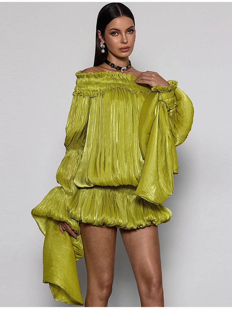 Olivgrünes schulterfreies Satinkleid für Damen, gerüscht, langärmlig, asymmetrischer Saum, sexy Club-Party-Sommerurlaub-Minikleid – Detail 10