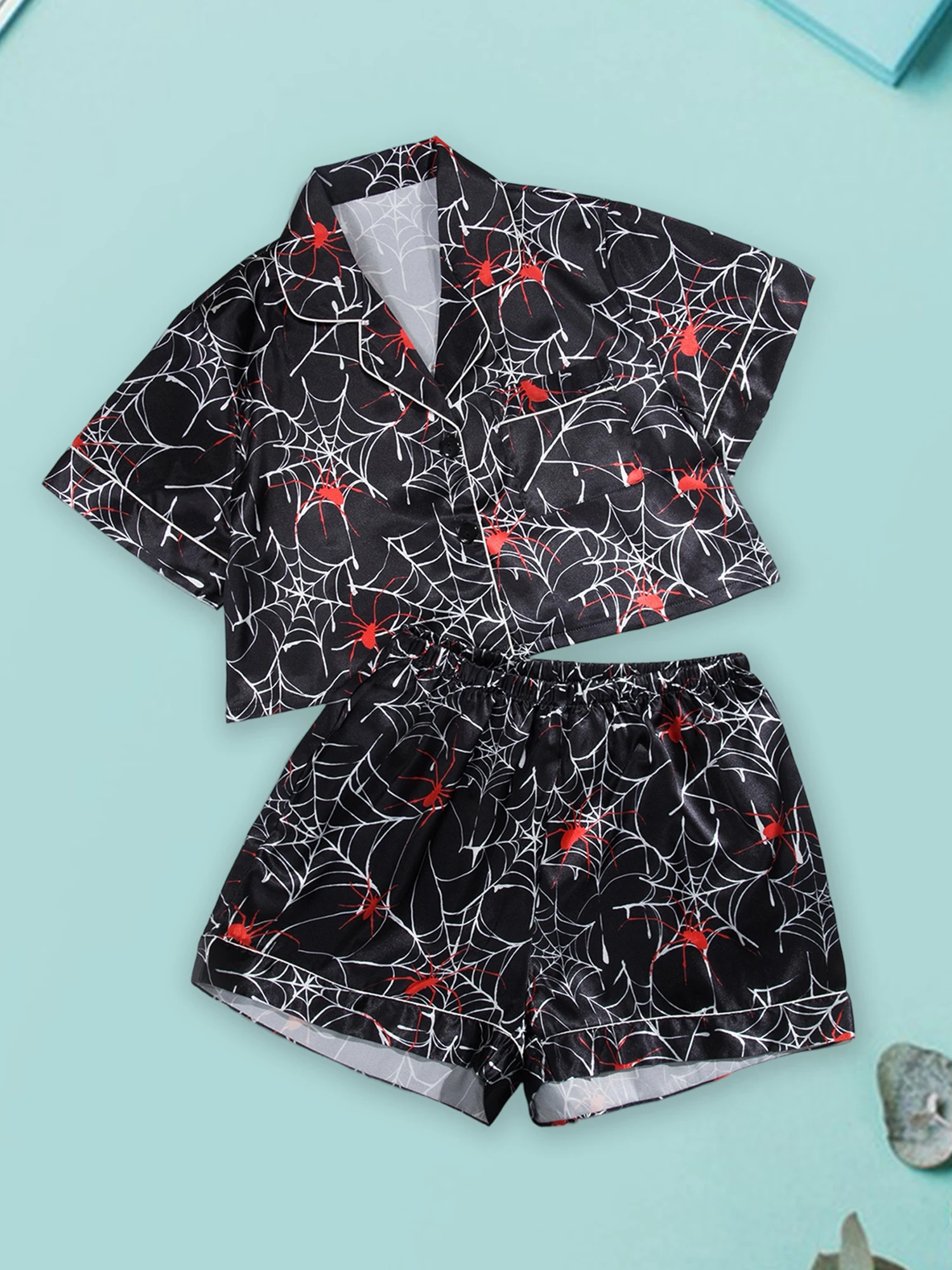 Women s Satin Pajama Set with Elegant Floral Print Button-Down Top and Matching Shorts for Comfortable Sleepwear