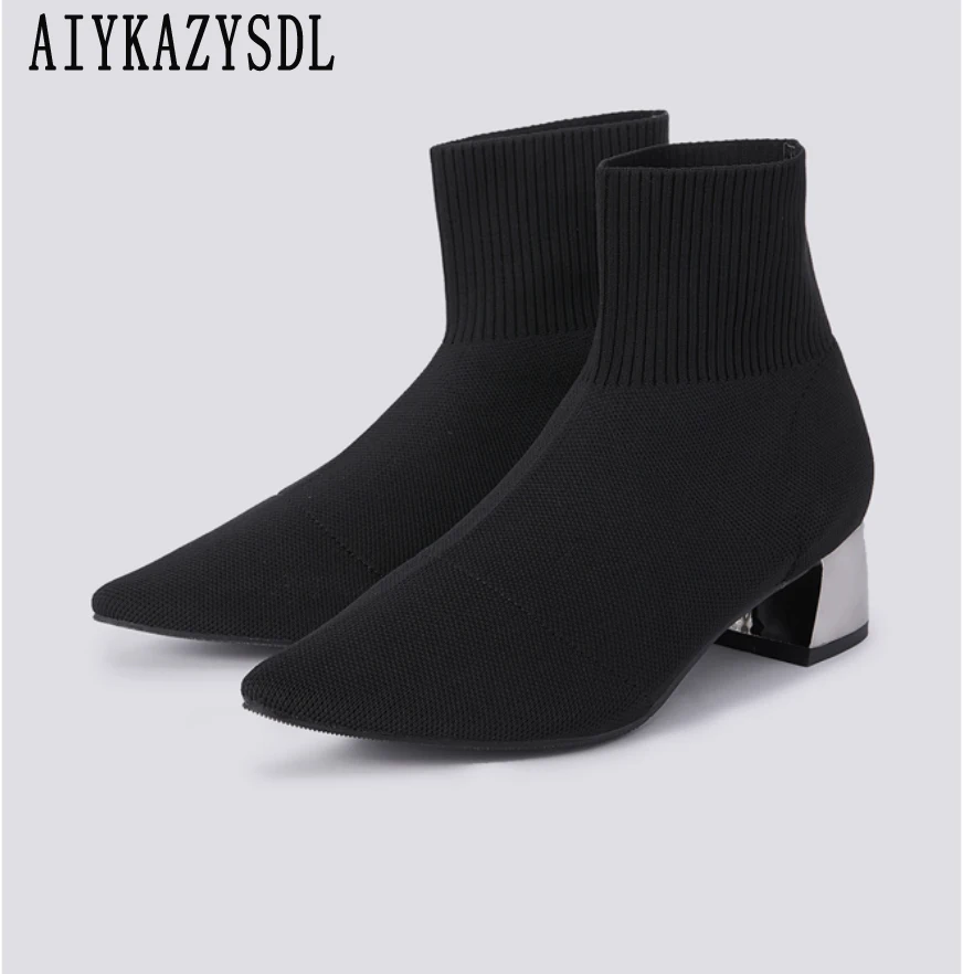 

Женские вязаные крючком ботильоны AIYKAZYSDL, эластичные ботинки, женские ботинки на низком квадратном каблуке, осенне-весенняя обувь, модель 41 42