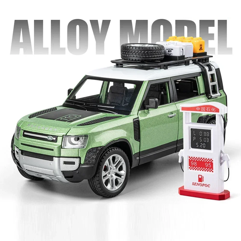 1:24 Diecast Metal Land Rover Defender Toy Car with Sound, Light, and Shock Absorption - Doors Open for Children's Edutainment