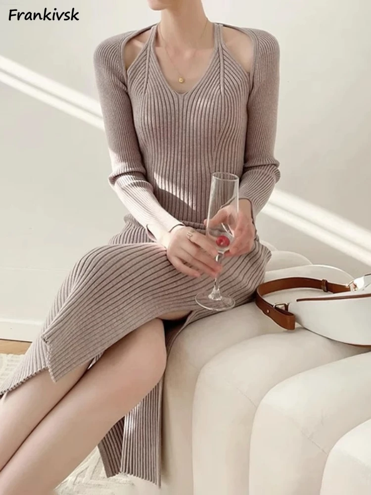 

Neck-mounted Dresses Women Autumn Knitted Slim Trendy Temperament Midi European Style Daily Simple Slit-design Package Hips Chic