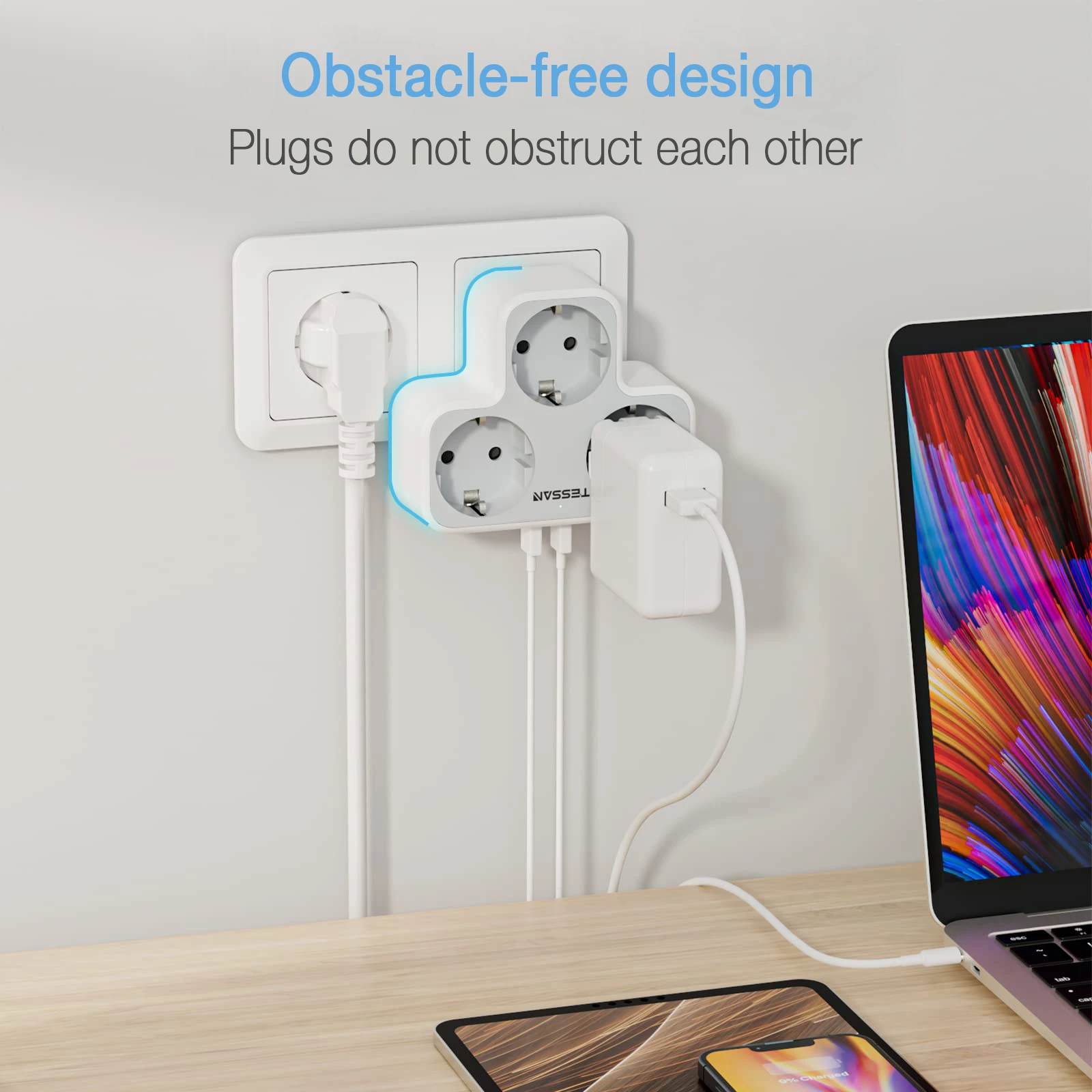 Plug Adapter Wall Socket Extender TESSAN Multiple Wall Socket Extender with 3 Outlets 2 USB Ports 5-in-1 European Plug Socket Adapter Wall Charger for Home Office