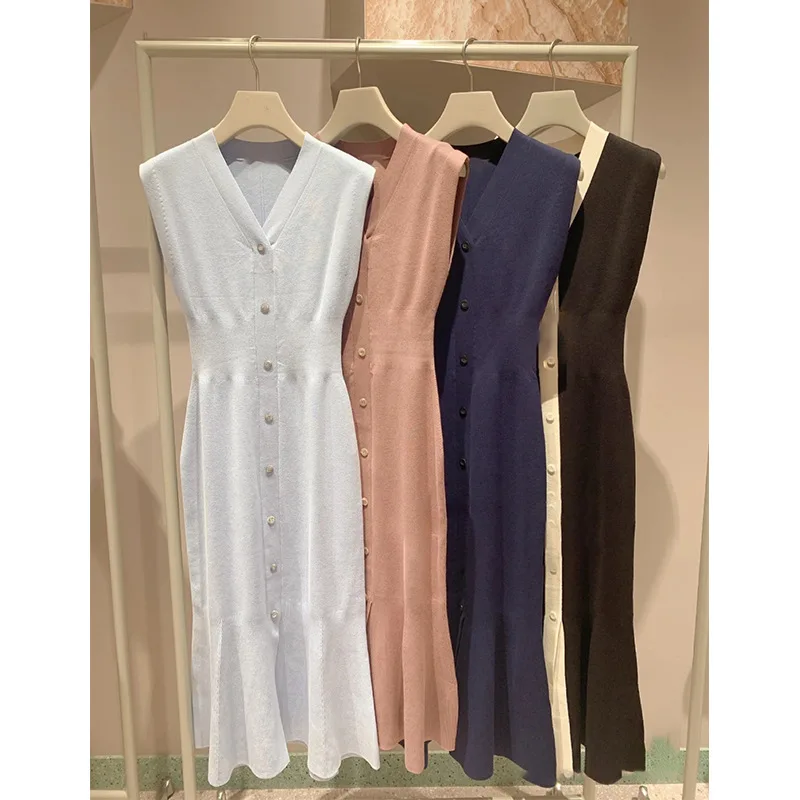 

Korean Solid Knitted Dress Femme V-Neck Sleeveless Chic Sexy Slim Single Breasted Robe Split Long Vestidos All Match Summer
