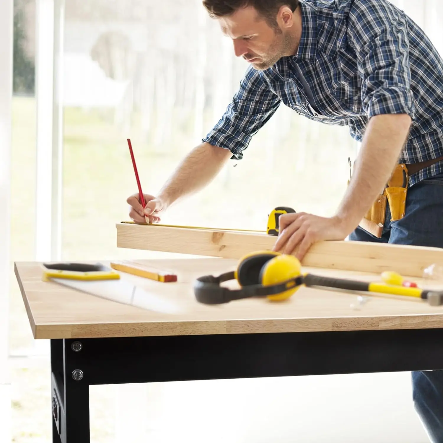 Work Bench 48 Adjustable Height Work Table Heavy Duty Oak Wood Workbench Garage Bench Table 2000 LBS Load Garage