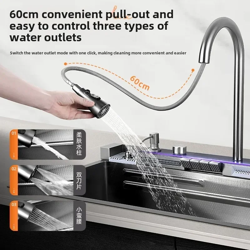 Dishwashing Sink Handmade Basin Household Kitchen Vegetable Basin Large Single Slot 304 Stainless Steel Whale Waterfall Sink