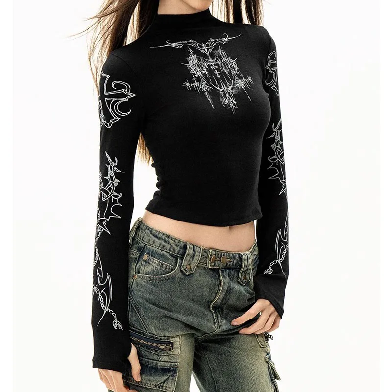 Grunge Women T-Shirt Y2k Aesthetics Half high neck Tees Graphical Print Long Sleeve Sheer Tops Punk Alternative Crop Tops EMO 5