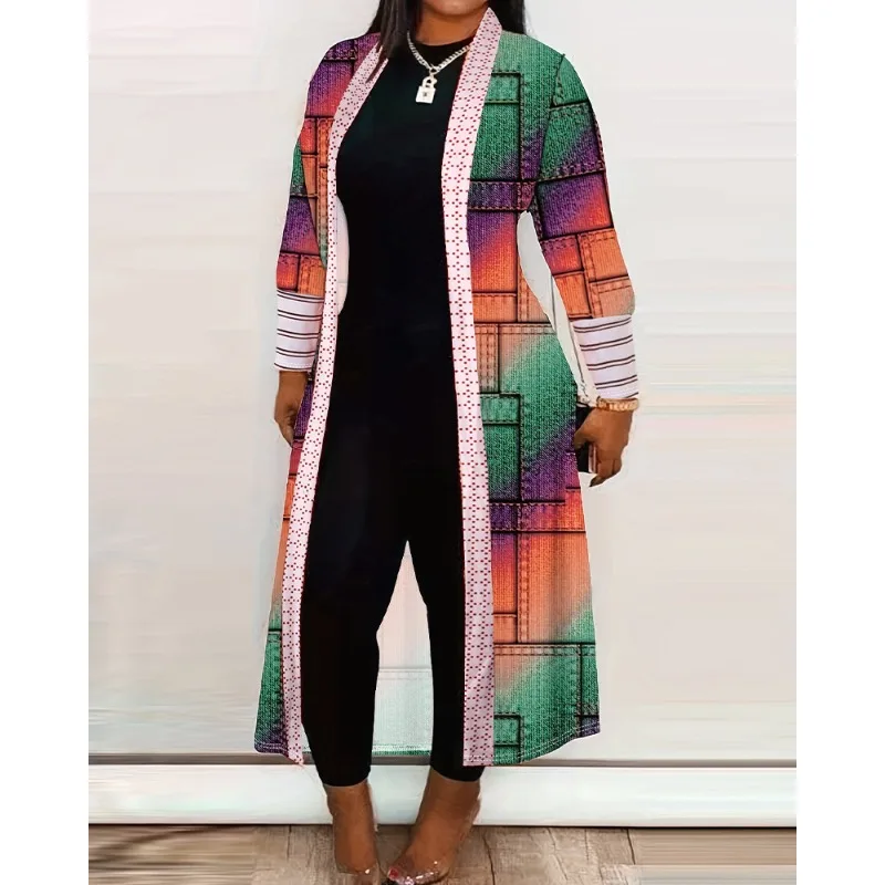 

2024 Spring Autumn New Women's Clothing Contrast Color Check Printed Stripe Stitching Casual Cardigan