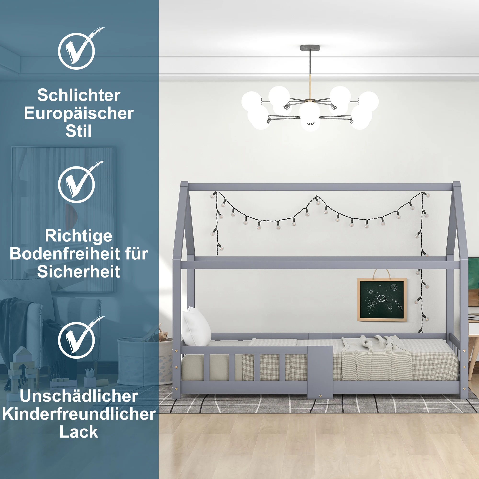 Kinderhausbett 90 x 200 cm aus Kiefernholz in Grau, inklusive Lattenrost und Rausfallschutz (ohne Matratze). – Detail 7