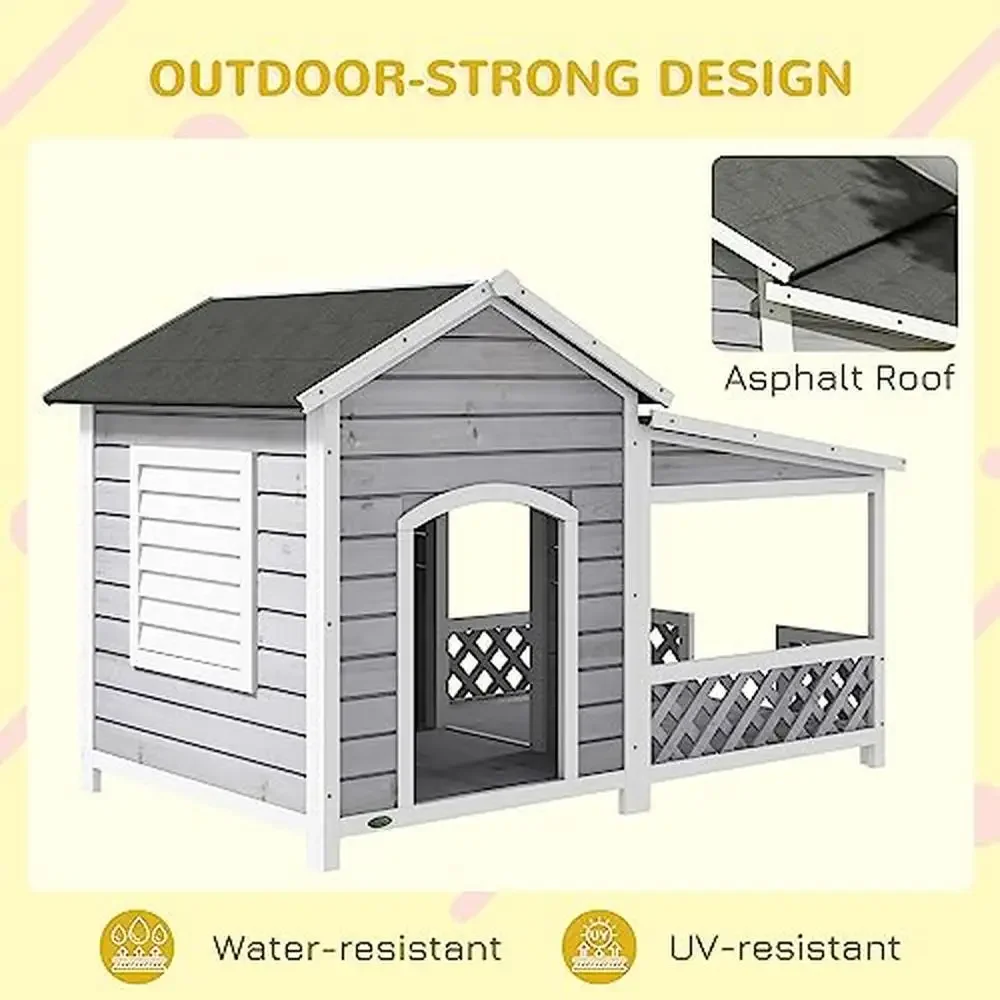 Wooden Outdoor Dog House Cabin Style Porch Shelter Raised Design Large Medium Sized Pets Roof Windows Doors
