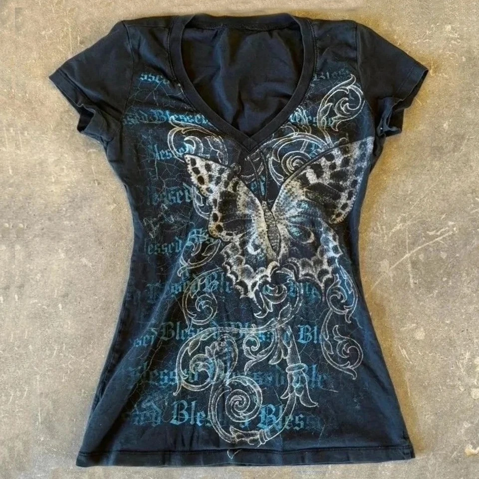 Vintage Black Gothic Punk Graphic V-Neck Hoodie Tee