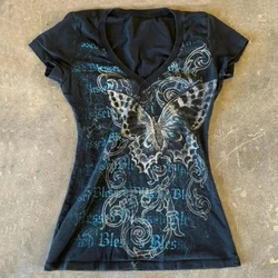 Vintage Black Gothic Punk Graphic V - Neck Hoodie Tee - M (8897)