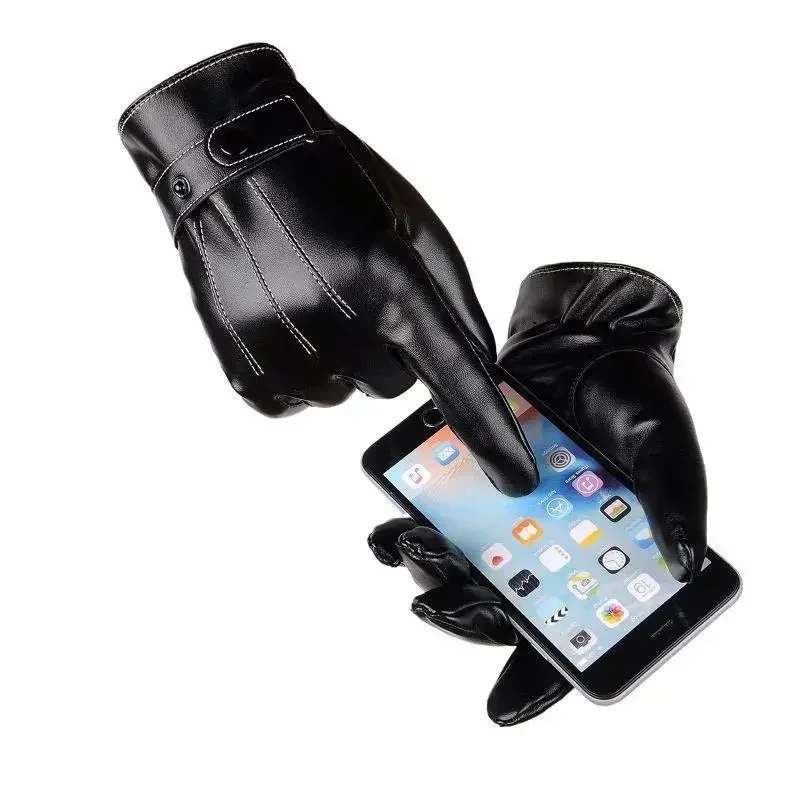 Mens Winter Black Leather Gloves Fleece Touchscreen Lined Water-Proof For Motorcycle Driving Dress Real Sheepskin Warm 5
