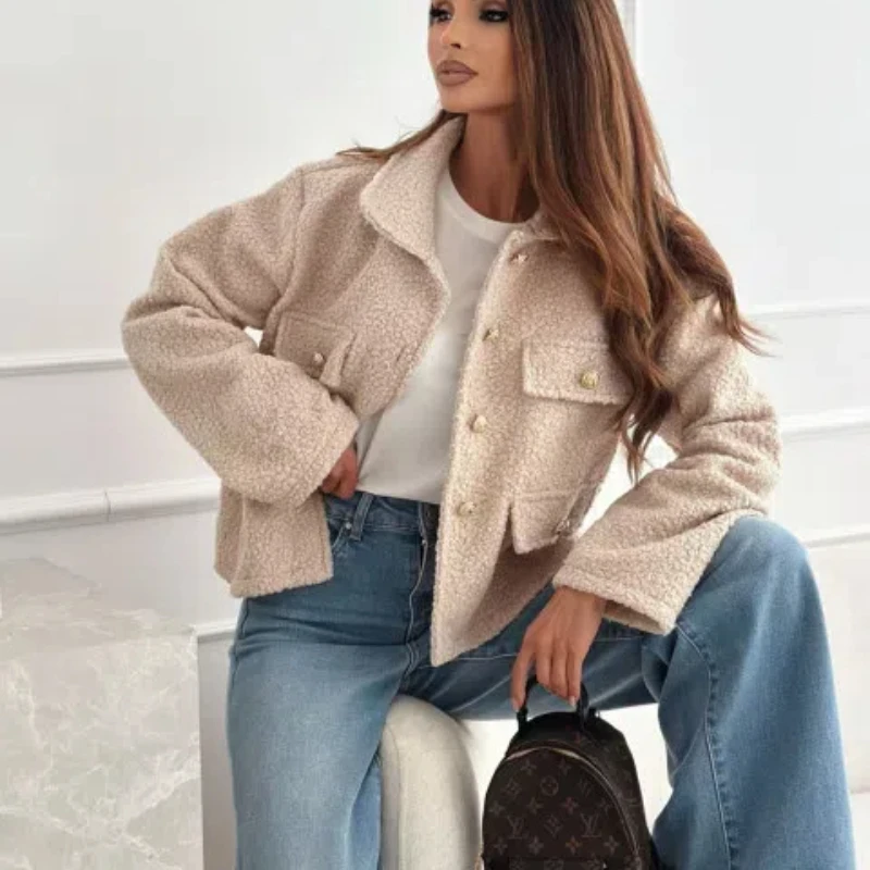 Autumn and Winter New Women's Fashionable Temperament Solid Color Loose Short Woolen Coat 175