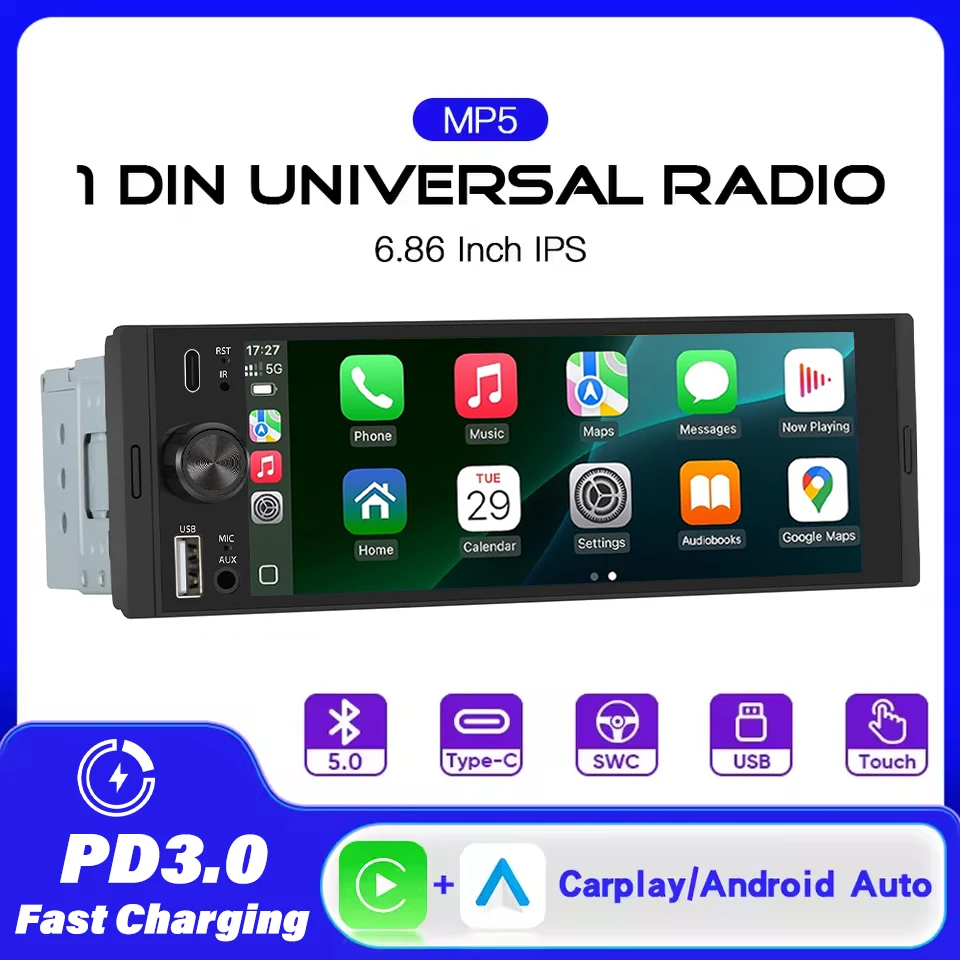 Radio para Auto MP5 Universal de 1 DIN y 6.86 Pulgadas, Compatible con Carplay Inalámbrico, Android AUTO, AUX, USB, BT, Pantalla Táctil, Reproductor Multimedia de Video 1