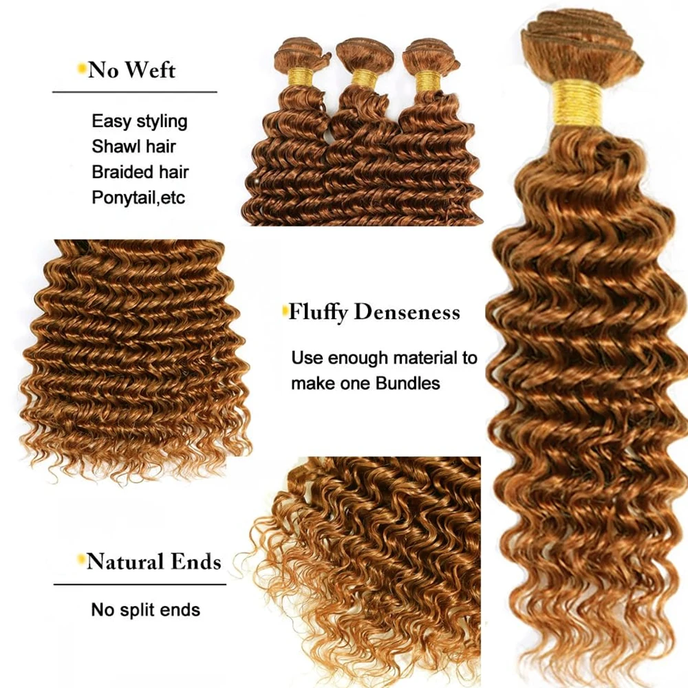 Color #30 Brown Deep Wave Human Hair Bundles Light Brown Kinky Curly Bundles Human Hair 10-30 Inch Brazilian Virgin Hair Extensi 2