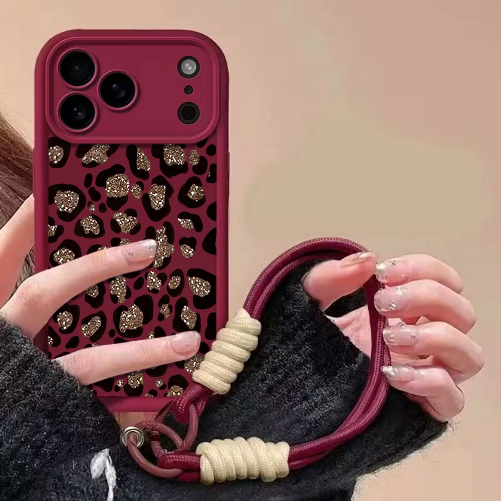 Leopard Print Wrist Strap Phone Case with Lanyard - Soft Cover