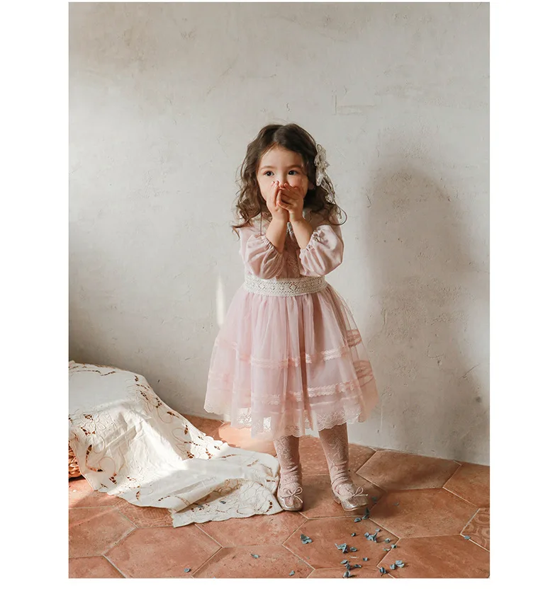 New Spring Baby Long Puff Sleeves Dress 2-11Y Child Girls Lace Turn-down Collar Princess Dresses Children Mesh Dress CL540 baby dresses