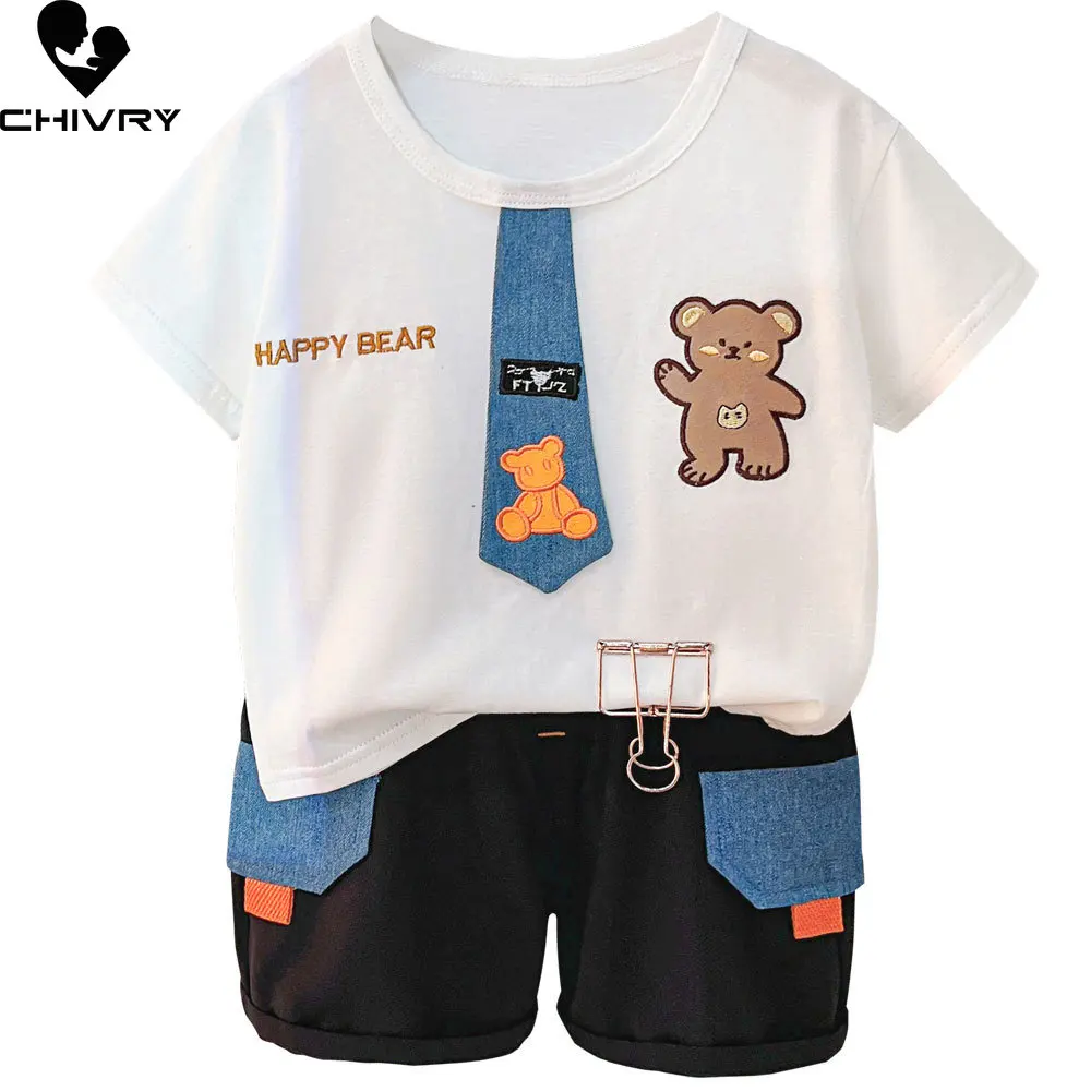 

New 2023 Baby Boy Summer Short Sleeve Round Neck Cartoon Necktie Bear T-shirt Tops with Shorts Kids Boys Fashion Clothes Sets
