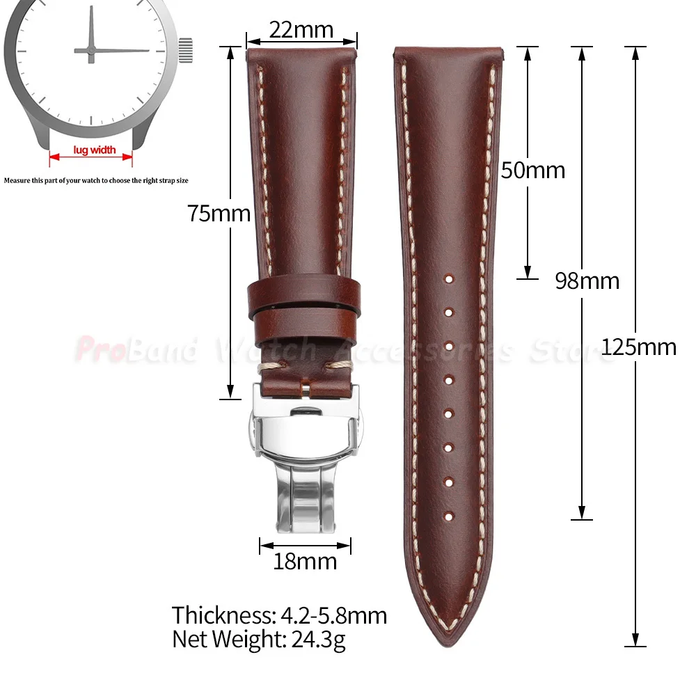 Vintage Brown Oil Wax Leather Watch Strap with Butterfly Buckle - Men's Accessory