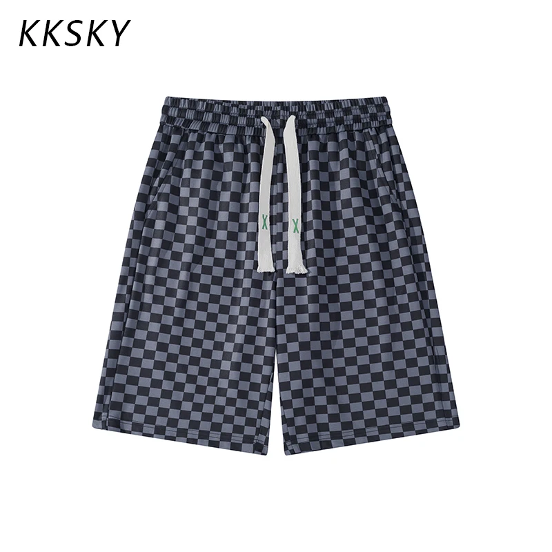 

KKSKY Summer Plaid Mens Shorts New Streetwear Running Sport Shorts for Men Clothing Fashion Polyester Loose Gym Male Short Pants