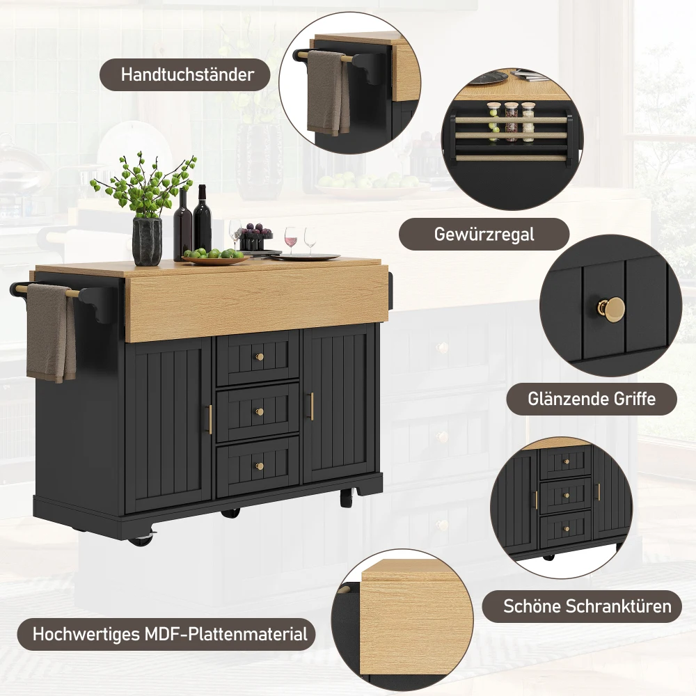 120 x 40 (80) x 95 cm Kücheninsel- und Buffetschrank – rollender doppelseitiger ausziehbarer Trolley, Türen + Schubladen, Handtuchhalter und Gewürzregal – Detail 20