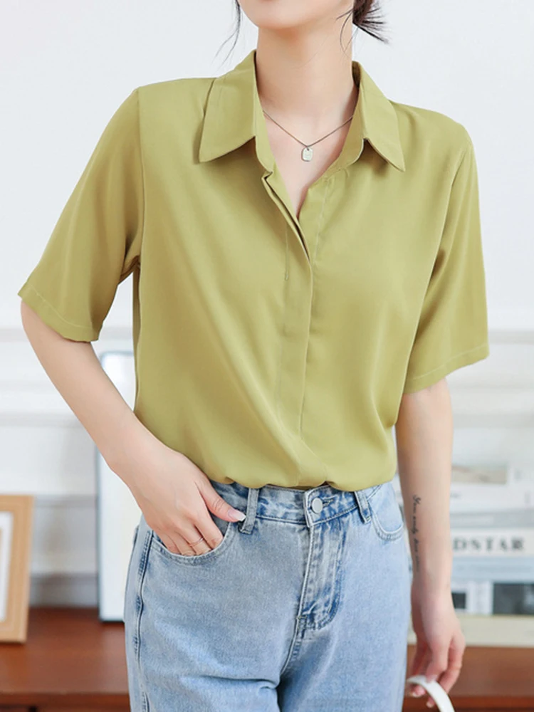 

Женская однобортная офисная блузка, однотонная винтажная рубашка с отложным воротником и коротким рукавом, лето 2024