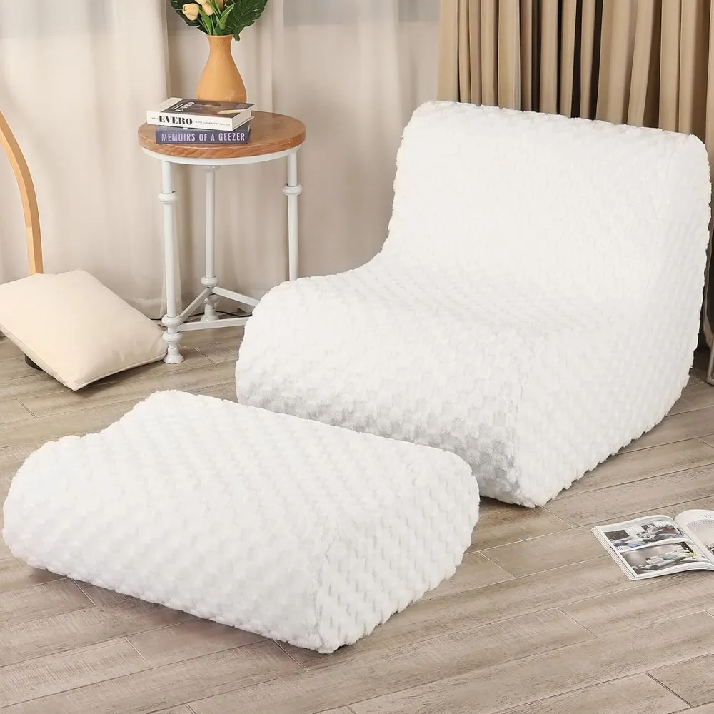 Accent Bean Bag Chair with Footstool, Modern Lazy Sofa Chair with Comfy Jacquard Shaggy Plush