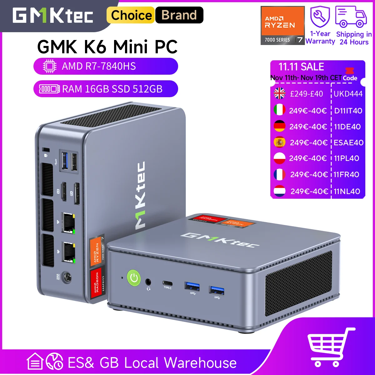 GMKtec K6 Mini PC AMD R7-7840HS 8C/16T 16GB RAM 512GB PCIe 4,0 SSD