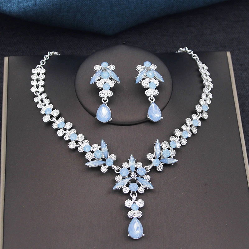 Silver Color Opal Blue Wedding Crown Jewelry sets Tiaras and Earrings necklace set For Women Princess Girls Prom Gifts