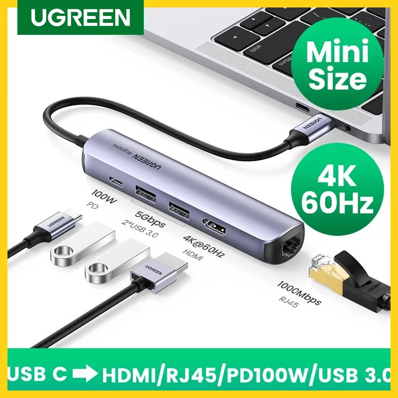 Ugreen-hub Carregador Usb tipo c Tamanho Mini Adaptador Usb 3.1 a 4k Hdmi Rj45 Dock Usb 3.0 para Macbook Pro Macbook Air 2023 pc