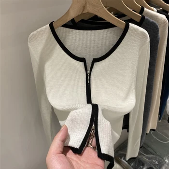 Knitted Sweater Women Cardigans New Long Sleeve O-Neck White Knit Sweater Cardigan Women Tops Knitwears Sueters De Mujer Q963 1