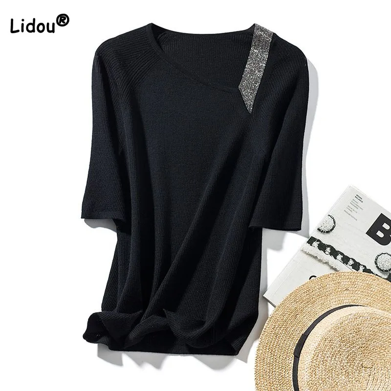 

Casual All-match Women's Patchwork Skew Collar Elastic T-shirt Commute Fashion Short Sleeve Loose Tops Summer Female Clothing