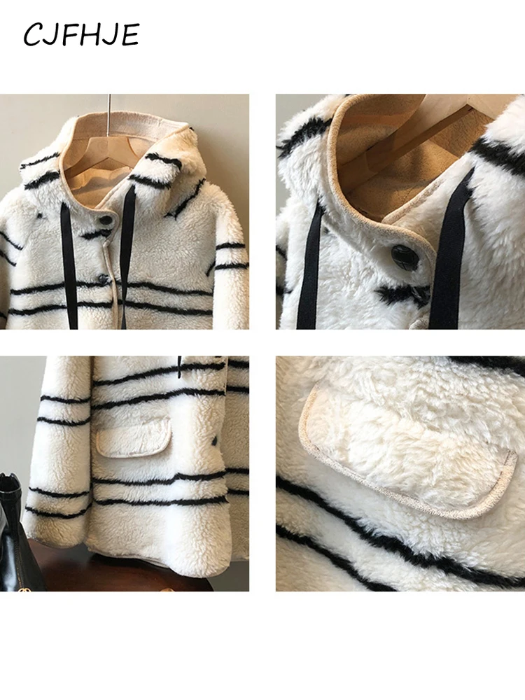 CJFHJE Hooded Teddy Lamb Wool Jackets Women New Winter Warm Korean Fashion Striped Furry Coat Ladies Pocket Plush Overcoat