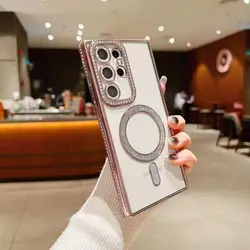 Transparent Magnetic Phone Case with Electroplating TPU and Rhinestone Design - 5G Protective Cover - Galaxy A55 5G (Pink)