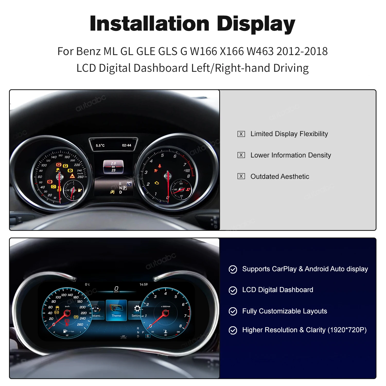 Panel de instrumentos LCD de 10.25 pulgadas con Carplay y Android Auto inalámbricos para Mercedes Benz ML GL GLE GLS W166 X166, velocímetro para coche. 2