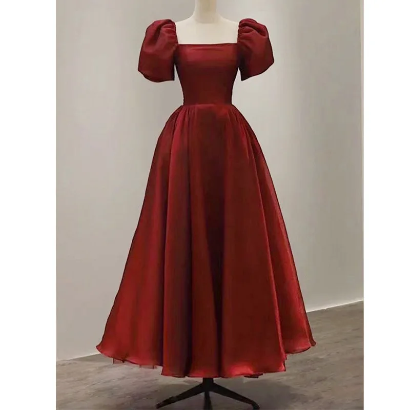 Abito da sposa con brindisi di fidanzamento con maniche a palloncino, banchetto di fidanzamento rosso vino, abito elegante, abito formale personalizzato - immagine 6